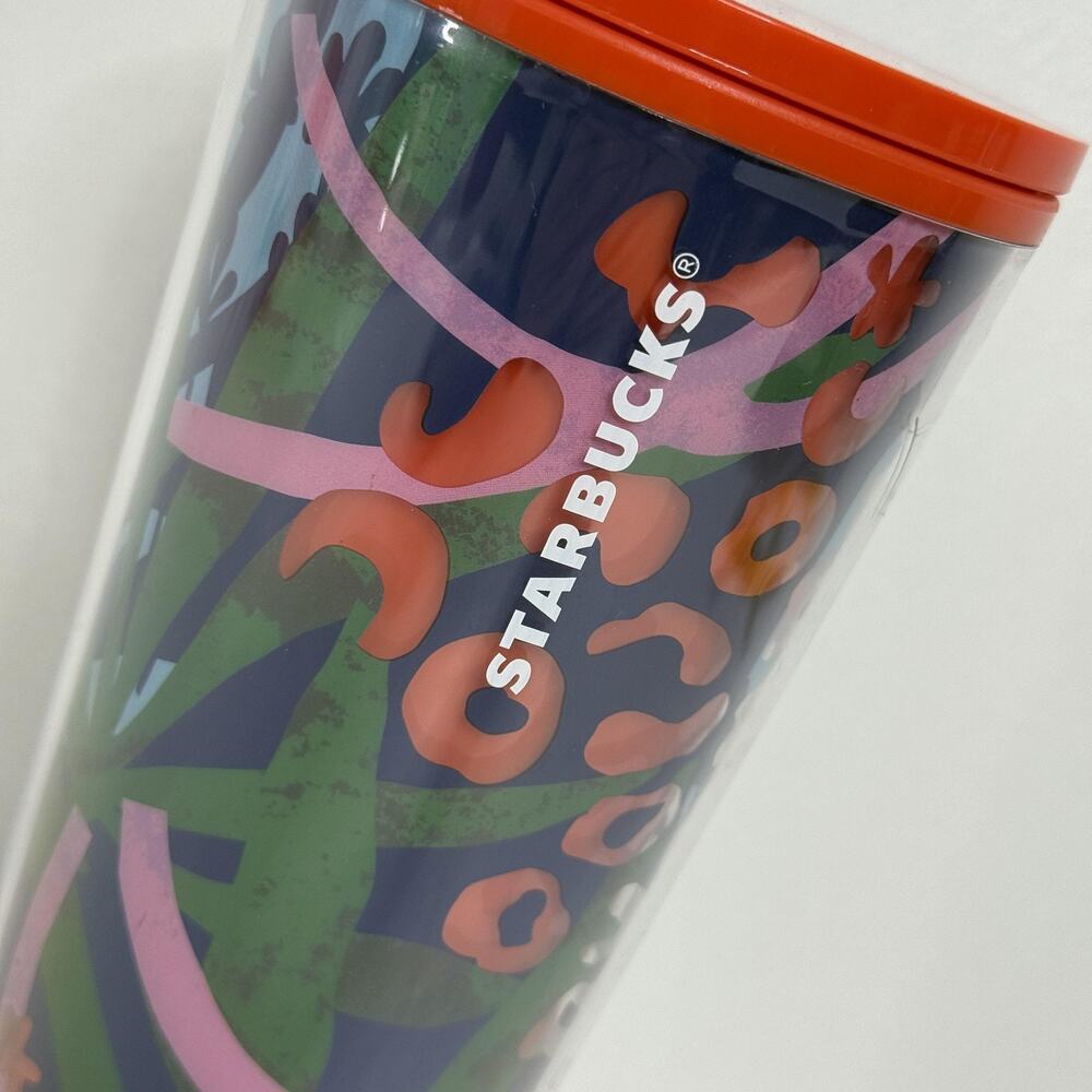 Starbucks Reusable Cold Cup Tumbler 24 oz Floral Print Lid Straw Travel NEW